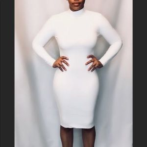 Ivory Long Sleeved Mock Neck Midi Dress